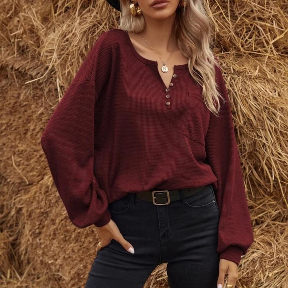 Waffle knit half placket button down henley long sleeve tee shirt boho oversized - Picture 8 of 14